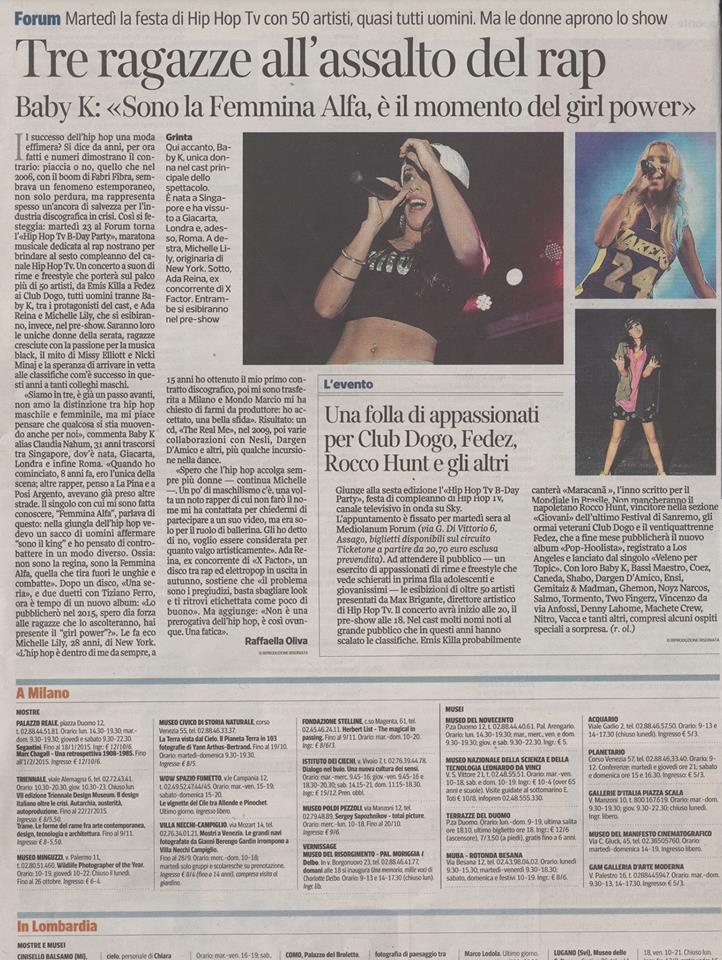 Michelle Lily at the top of Italy's rap scene - "Corriere della Sera" - "Tre Ragazze all'assalto del rap"